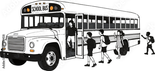 School bus with children exiting in a black and white illustration , back to school 