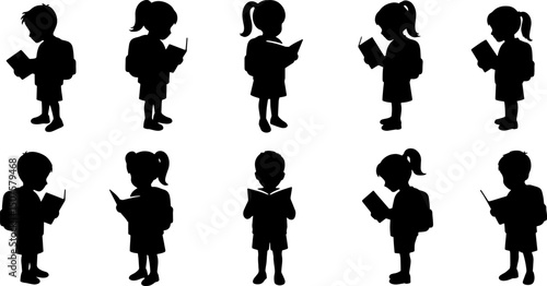 silhouettes of children reading books in various poses and angles , back to school 