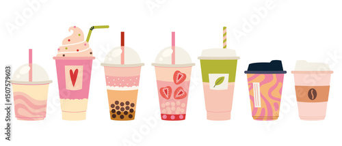 Set of takeaway drinks like bubble tea, smoothies, coffee, matcha latte, milkshake, ice cream and hot beverages in cute cups. Trendy modern vector illustration isolated on white, hand drawn, flat