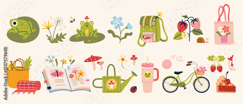 Whimsical summer picnic set with frogs, flowers, fruit, books and a bike, evoking nature, relaxation, and simple outdoor joys. Trendy modern vector illustration isolated on white, hand drawn, flat