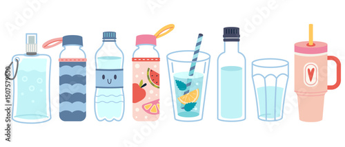 Reusable water bottles and glasses for takeaway drink set, hydration and eco friendly zero waste lifestyle. Trendy modern vector illustration isolated on white, hand drawn, flat design