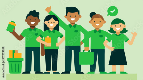 Diverse Team A diverse group of store employees wearing green shirts enthusiastically engaging with customers and guiding them towards ecofriendly products.