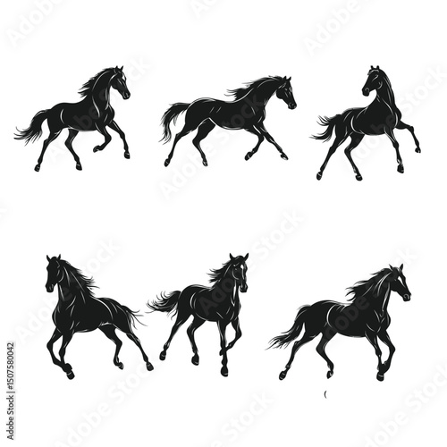 Set of galloping horse silhouettes in various poses