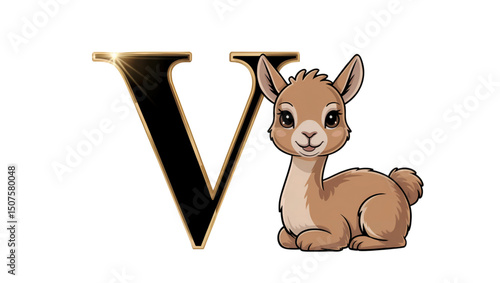 Luxurious 2D vector featuring the letter V and an adorable vicuna in a glossy black and gold design. Perfect for alphabet learning materials, nursery decor, and premium kids' projects.