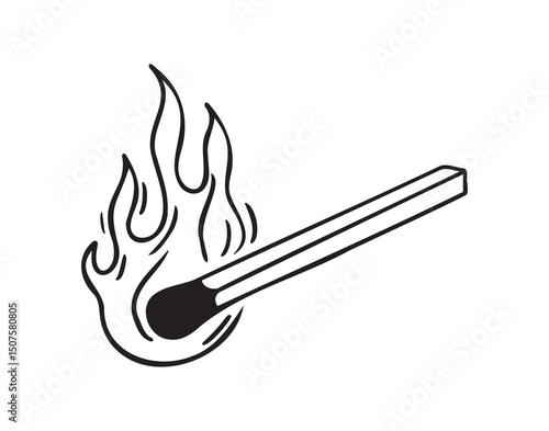 Burning match hand drawn doodle icon, simple line match drawing sketch, design outline element.