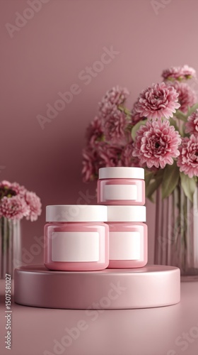 Beautiful Arrangement of Skincare Products With Cherry Blossoms in a Pastel S...