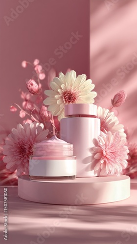 Elegant Arrangement of Skincare Products With Blooming Cherry Blossoms on Pas...