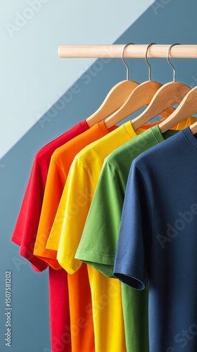 Vibrant Collection of Casual T-Shirts Displayed on Hangers in a Studio Setting