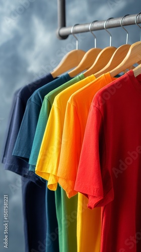 Colorful T-Shirts Hanging on a Rack in a Bright Retail Store During the Day