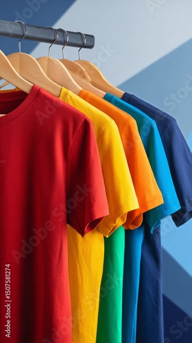Colorful T-Shirts Hanging on a Rack in a Bright Retail Store During the Day