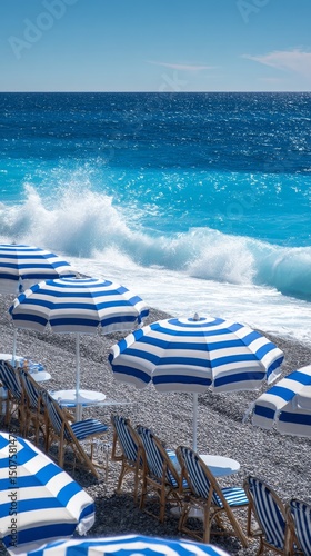 Experience the Tranquility of a Sunny Beach With Striped Umbrellas and Ocean ...