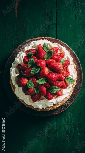 Fresh Strawberry Cake Served With Whipped Cream on a Rustic Wooden Table Duri...