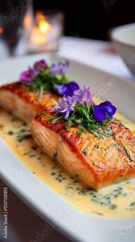 Delicious Grilled Salmon Garnished With Colorful Flowers and Sauce on a Plate