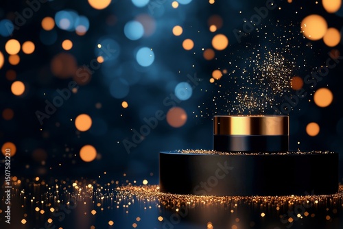 Sparkling Golden Particles Rise From a Shiny Black Platform in a Dark Setting...