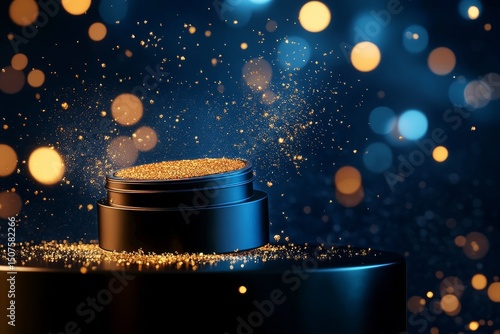 Sparkling Golden Particles Rise From a Shiny Black Platform in a Dark Setting...