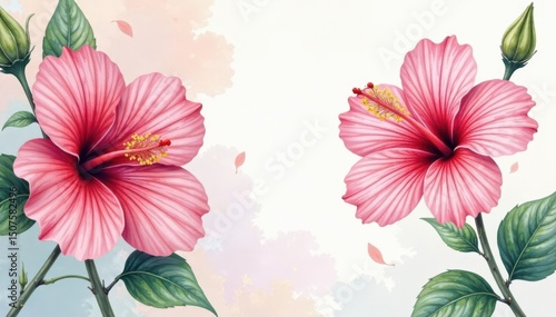 Delicate hibiscus motifs, watercolor style, soft pastel tones, leaves, pastel