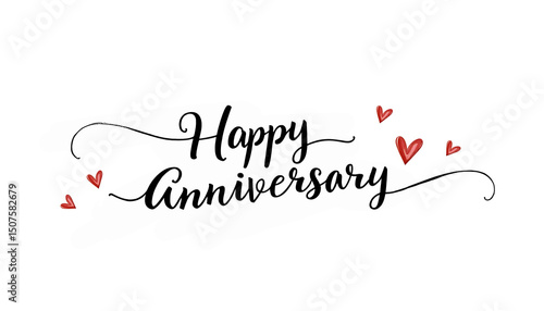 Happy anniversary hand drawn lettering greeting card with black calligraphy and hearts around isolated on white background.	
