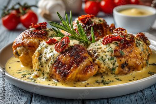 Delicious marry me chicken baked with creamy sauce garnished with herbs