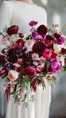 Bride in Elegant Dress Holds a Vibrant Floral Bouquet During Preparations