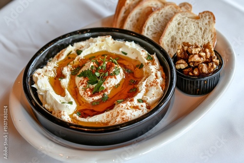 Delicious Dish of Creamy Yogurt Topped With Oil and Spices Served With Bread ...