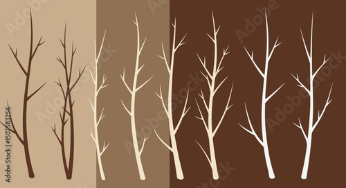Silhouettes of bare trees in various shades on colored backgrounds  