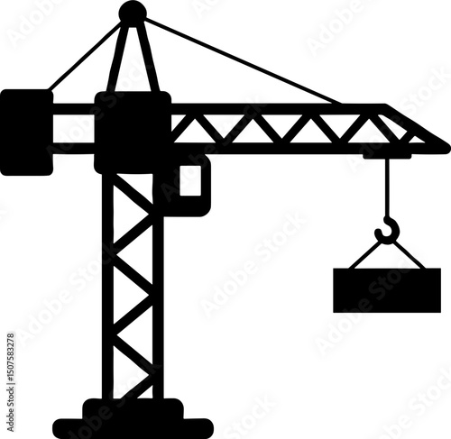 Construction crane lifting steel beam in silhouette design  