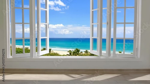 Bright interior view through an open white window of a tropical beach with palms, turquoise ocean, and blue sky