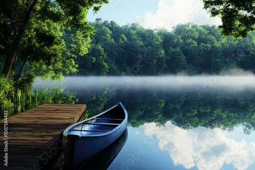 Calm Morning on a Serene Lake With a Blue Boat and Reflections From the Forest