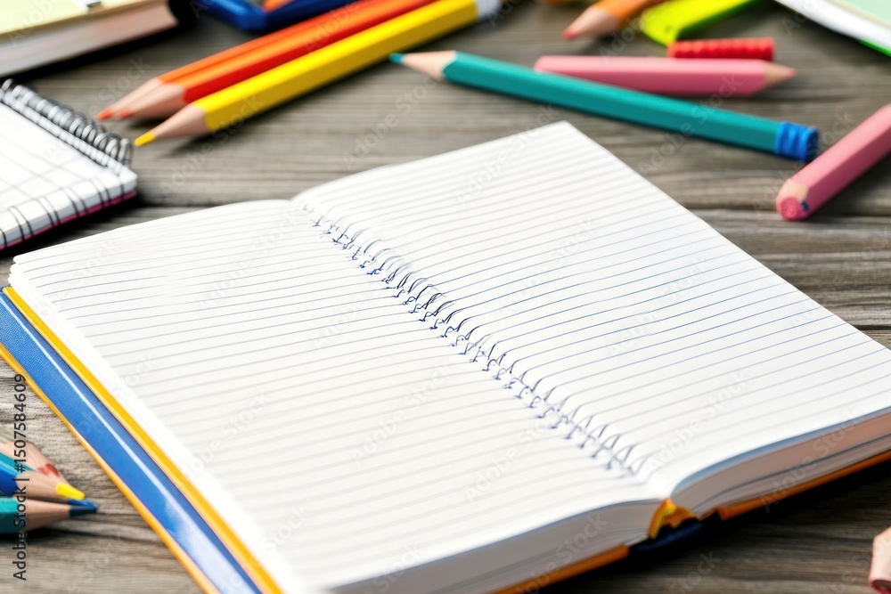 Open notebook, colorful pencils, school supplies Open notebook, colorful pencils, school supplies