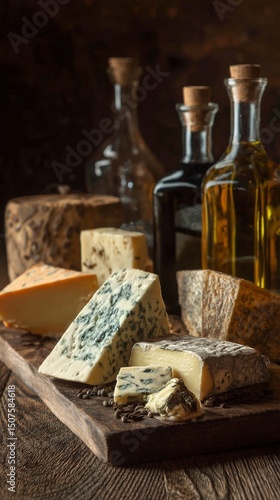 Selection of Various Cheeses and Oils Arranged on a Wooden Board in a Rustic ...