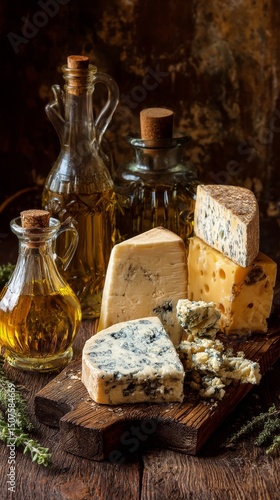 Gourmet Cheese Selection and Olive Oil Display on Rustic Wooden Board in Cozy...