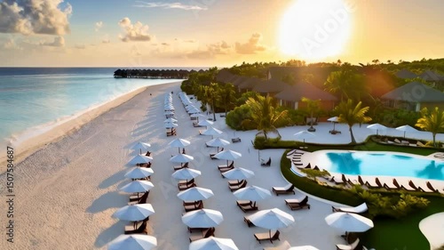 Aerial view of sandy tropical beach with beach chairs, umbrellas, huts and ocean during a sunny day, with clear turquoise sea