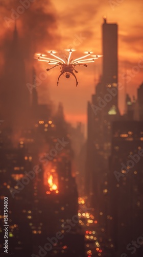 Drone Flies Over a Burning Building in a City During Sunset With a Dramatic S...