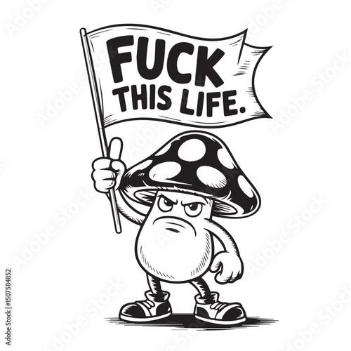 Mushroom Character's Protest: A disgruntled mushroom character defiantly raises a flag, the message boldly emblazoned for the world to see. This unique illustration speaks volumes.