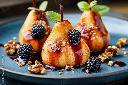 Deliciously Caramelized Pears Topped With Blackberries and Walnuts on a Dark ...