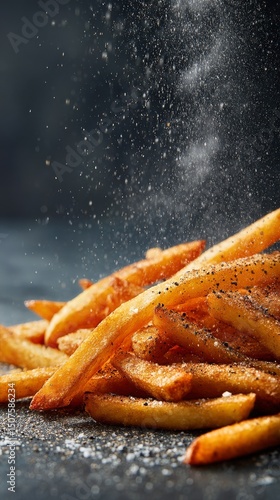 Crispy French Fries Sprinkled With Spices on a Dark Surface