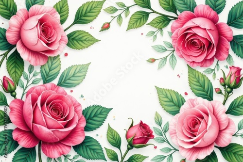 Intricate watercolor roses, lush green leaves, romantic design, floral, home
