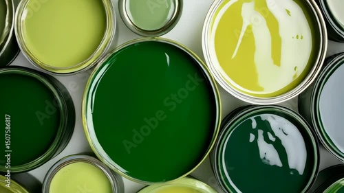 Overhead shot of various shades of green paint in open cans, perfect for renovation projects or artistic endeavors.