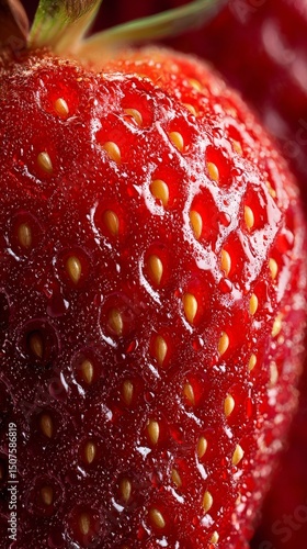 Close-up of Ripe Strawberry Showcasing Its Bright Red Color and Unique Textur...