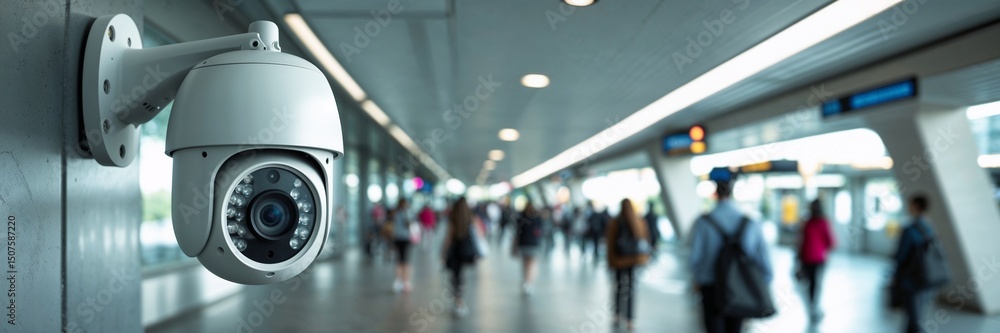 Dome surveillance camera monitoring indoor public area with people walking in blurred background Dome surveillance camera monitoring indoor public area with people walking in blurred background