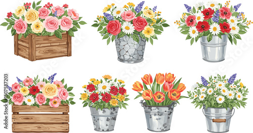 Set of watercolor vintage floral flower box Sticker,