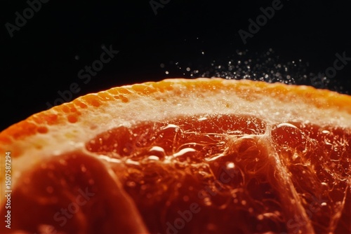 Close View of a Fresh Orange Slice With Droplets in Dark Setting
