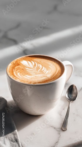 Sip of Creamy Latte Art in a Modern Cafe With Afternoon Sunlight Streaming Th...