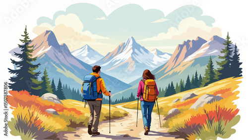Two hikers explore a mountain trail, backpacks in tow, trekking poles in hand, enjoying the scenic view together. Vector illustration