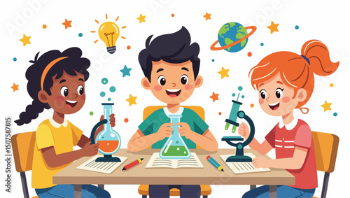 Three diverse kids are happily doing science experiments together in a brightly colored illustration, learning about the world around them. Vector illustration