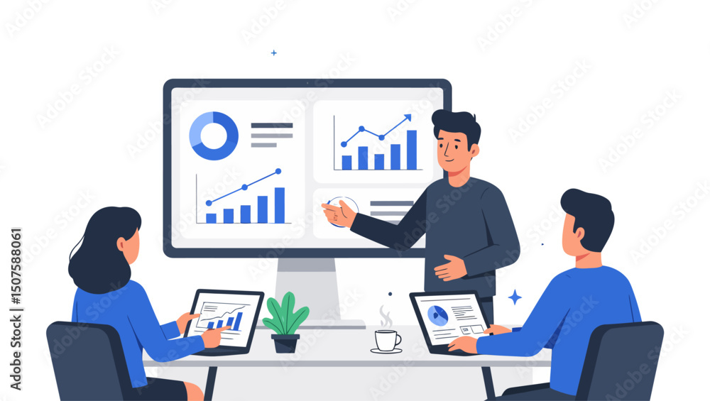 A business team is gathered for a presentation, focusing on data analysis and strategy using a large monitor and laptops. Vector illustration A business team is gathered for a presentation, focusing on data analysis and strategy using a large monitor and laptops. Vector illustration