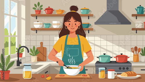 Vector illustration. A woman is shown cheerfully cooking a meal in a sunny and well-equipped kitchen. The cooking scene gives a feeling of comfort and home.