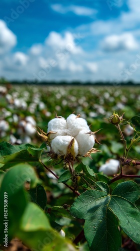 Cotton Plants Blooming in a Vast Field Under a Blue Sky in Early Afternoon Light