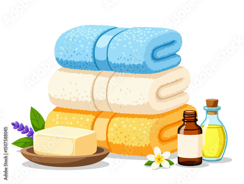 An inviting spa scene with neatly stacked towels, soap, essential oils, and a delicate flower for relaxation and self-care. Vector illustration. 