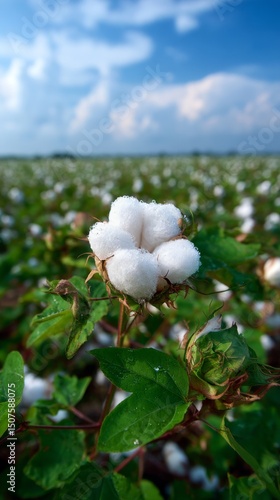 Cotton Fields in Bloom Under a Clear Blue Sky at Midday in Summer